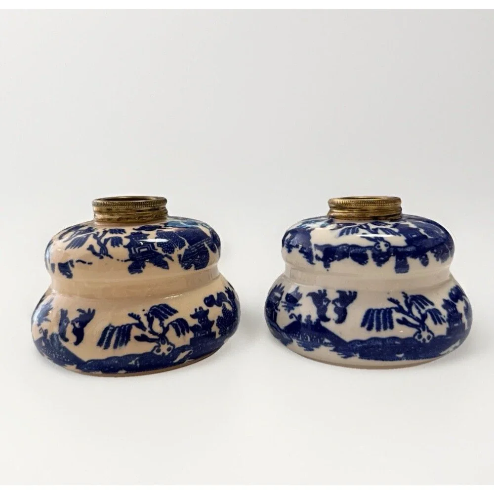 Vintage Victorian Japanese Blue Willow Decorative Oil Lamp Pair Set